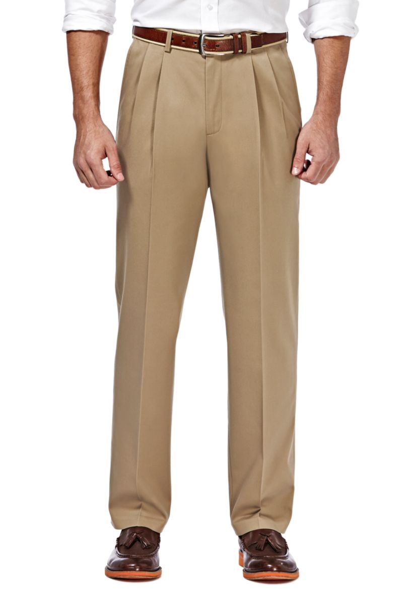 Premium Stretch No Iron Khaki Classic Fit Hidden Expandable Waistband Pleated Pants