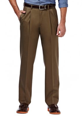 Haggar Men's Premium Stretch No Iron Khaki Classic Fit Hidden Expandable Waistband Pleated Pants, 42 x 30
