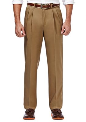 Haggar Men's Premium Stretch No Iron Khaki Classic Fit Hidden Expandable Waistband Pleated Pants, 42 x 29