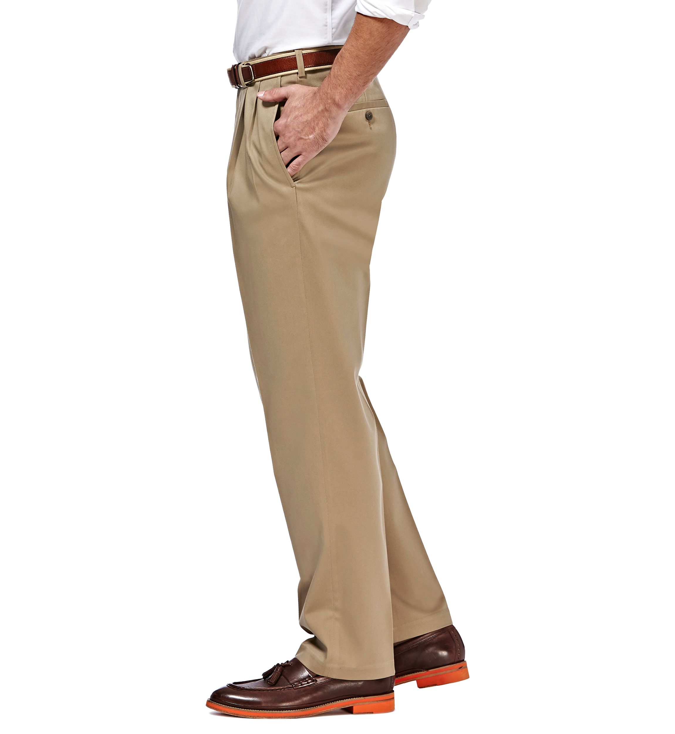 Premium Stretch No Iron Khaki Classic Fit Hidden Expandable Waistband Pleated Pants