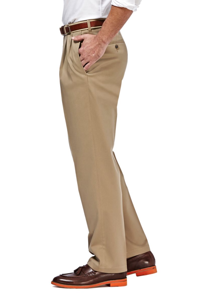 Premium Stretch No Iron Khaki Classic Fit Hidden Expandable Waistband Pleated Pants