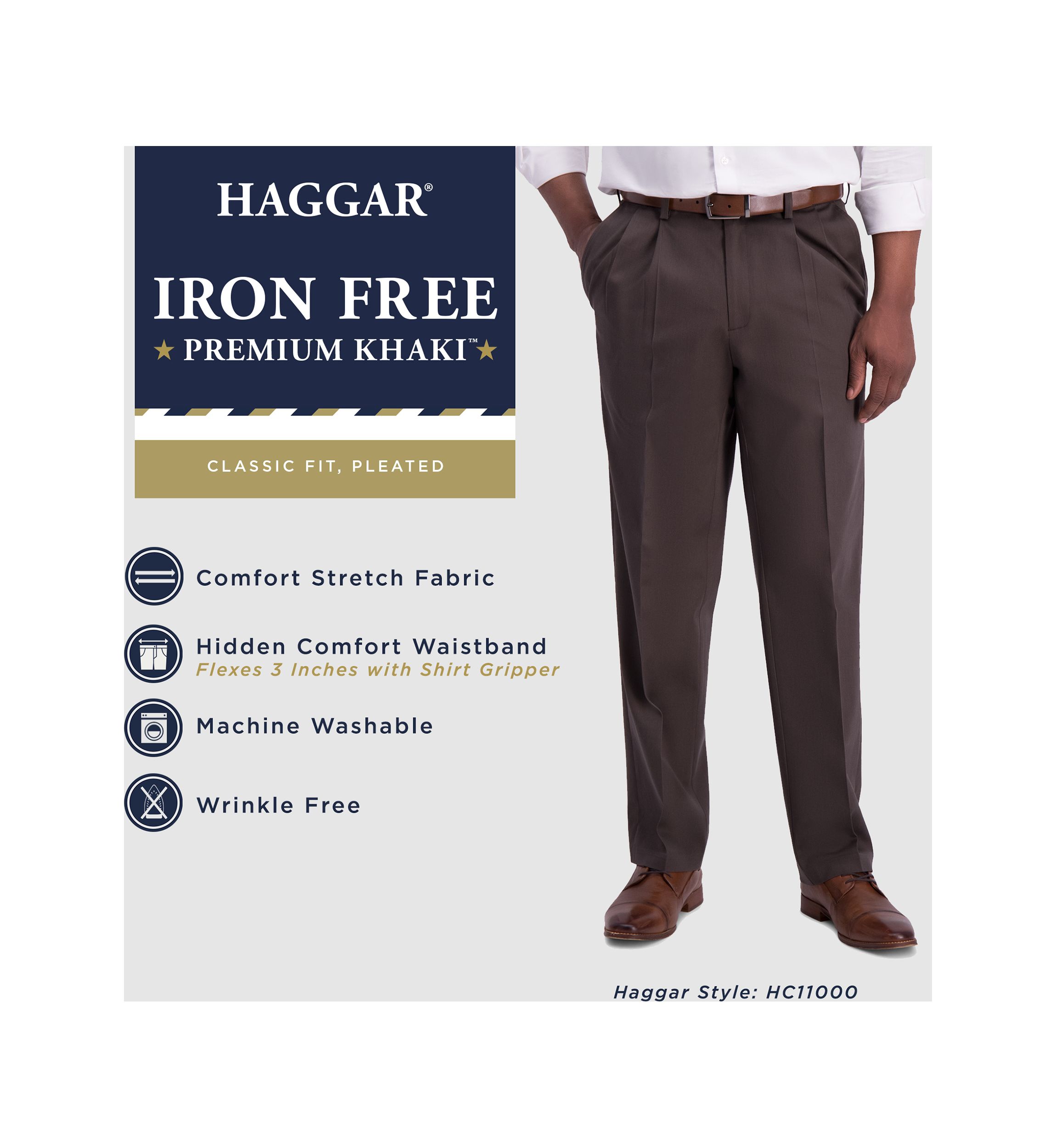 Mens Iron Free Premium Khaki Classic Fit Pleat Front Hidden Comfort Waistband Casual Pants