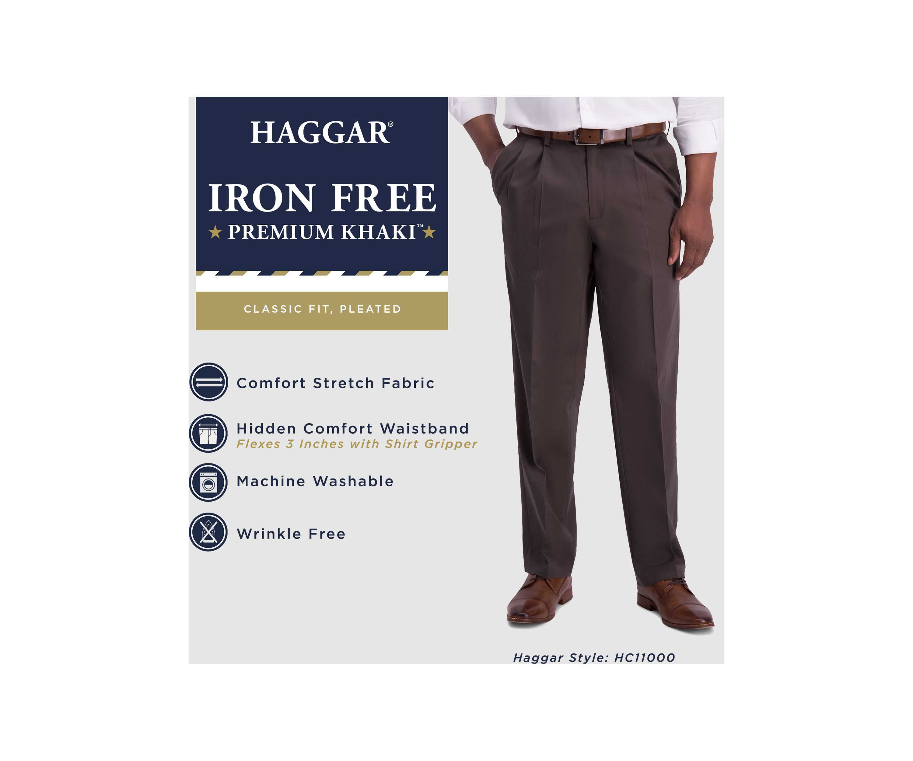 Mens Iron Free Premium Khaki Classic Fit Pleat Front Hidden Comfort Waistband Casual Pants