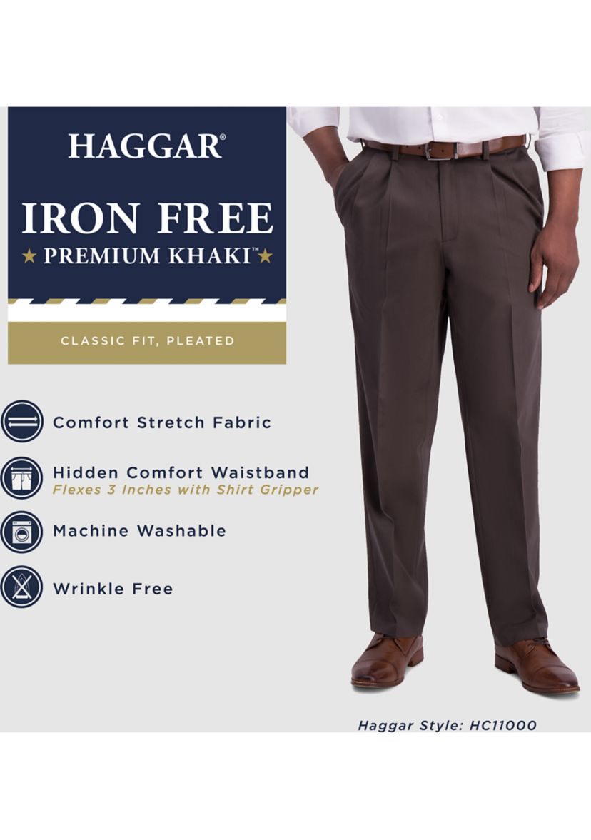 Mens Iron Free Premium Khaki Classic Fit Pleat Front Hidden Comfort Waistband Casual Pants