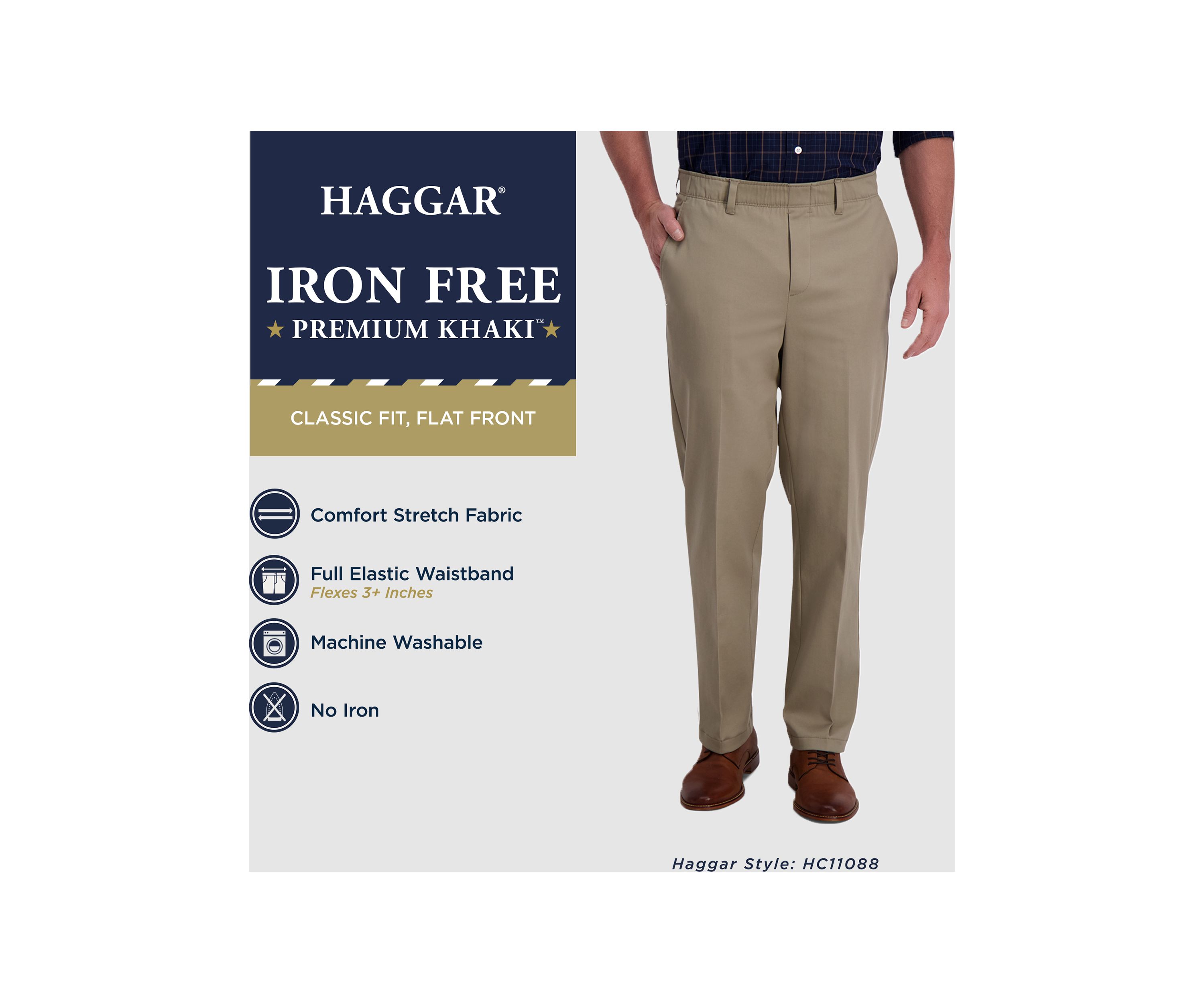 Iron Free Premium Khaki Full Elastic Classic Fit Flat Front Pants