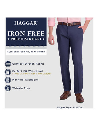 Haggar® Men's Iron Free Premium Khaki Slim Straight Fit Flat Front Hidden  Comfort Waistband Casual Pants