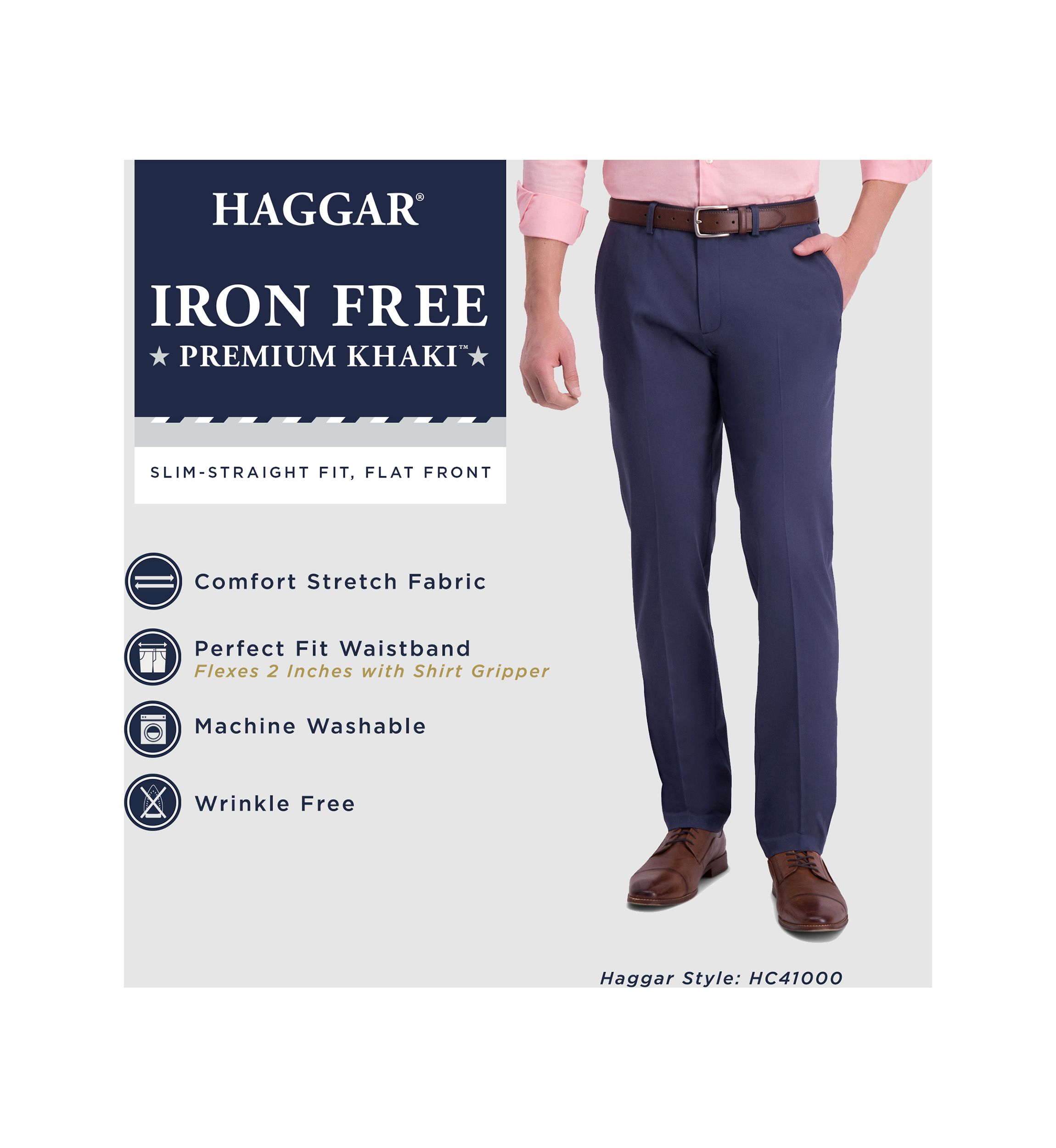 Mens Iron Free Premium Khaki Slim Straight Fit Flat Front Hidden Comfort Waistband Casual Pants