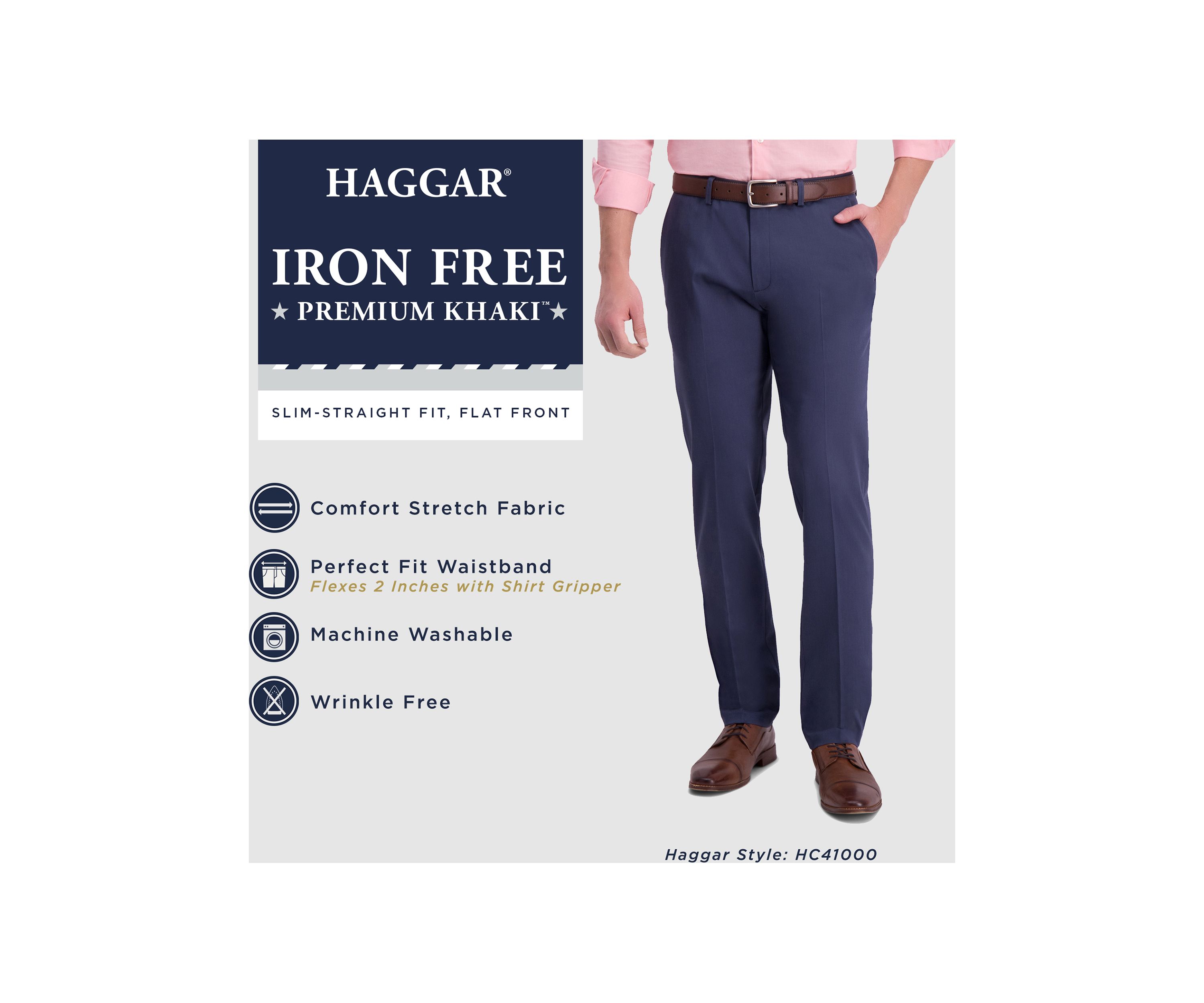 Mens Iron Free Premium Khaki Slim Straight Fit Flat Front Hidden Comfort Waistband Casual Pants