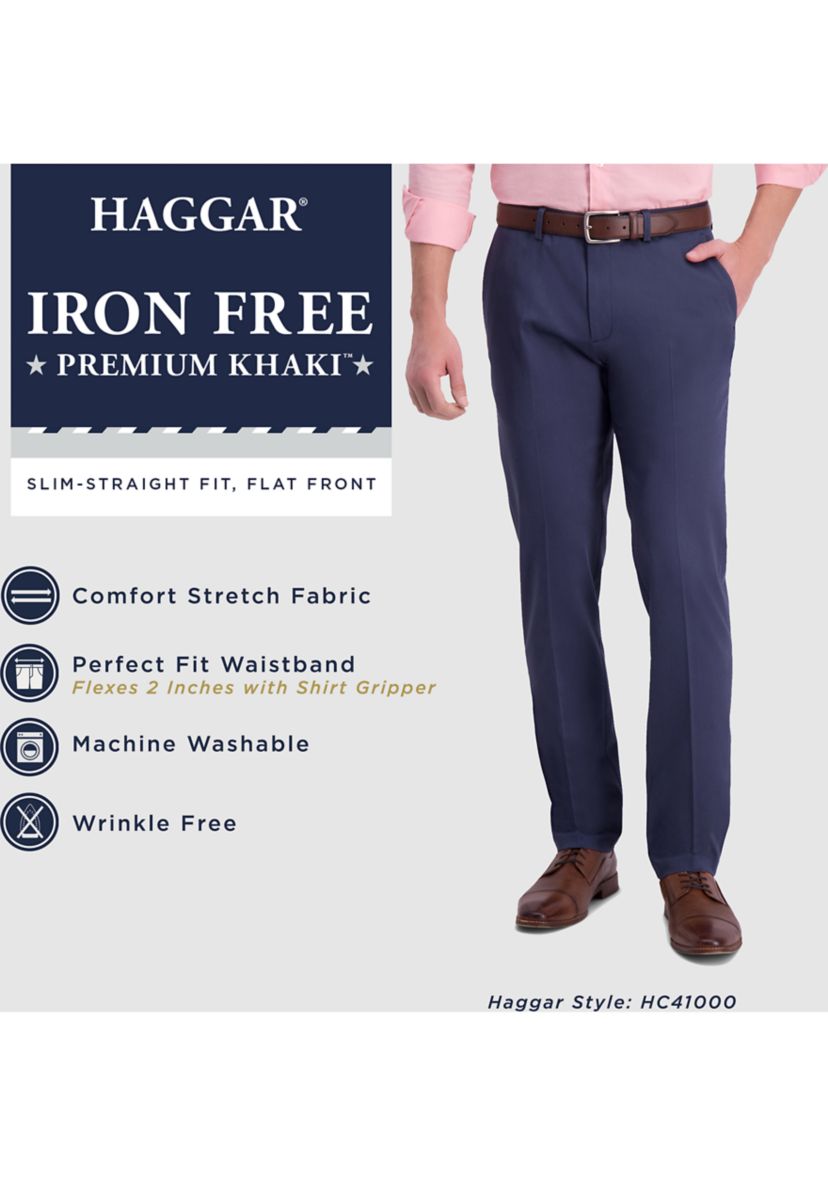 Mens Iron Free Premium Khaki Slim Straight Fit Flat Front Hidden Comfort Waistband Casual Pants