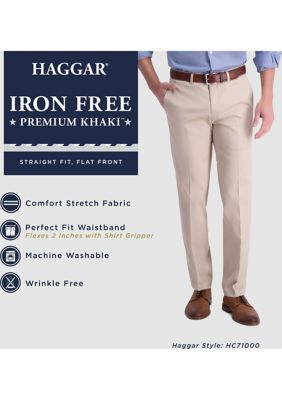 Men's Iron Free Premium Khaki Straight Fit Flat Front Hidden Comfort Waistband Casual Pants