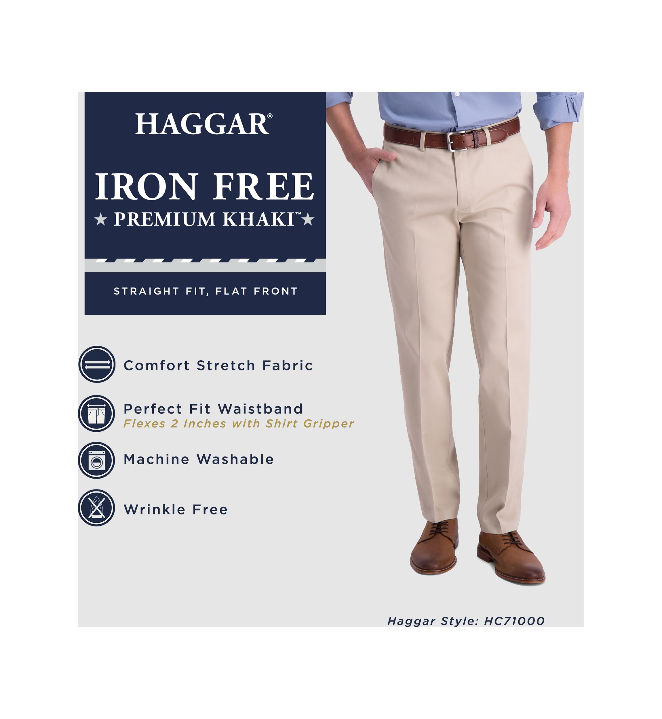Mens Iron Free Premium Khaki Straight Fit Flat Front Hidden Comfort Waistband Casual Pants