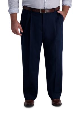 Haggar Men's Big & Tall Iron Free Premium Khaki Classic-Fit Pleat Front Hidden Comfort Waistband Casual Pants, Navy Blue, 46 x 34