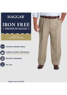 Big & Tall Iron Free Premium Khaki Classic-Fit Pleat Front Hidden Comfort Waistband Casual Pants