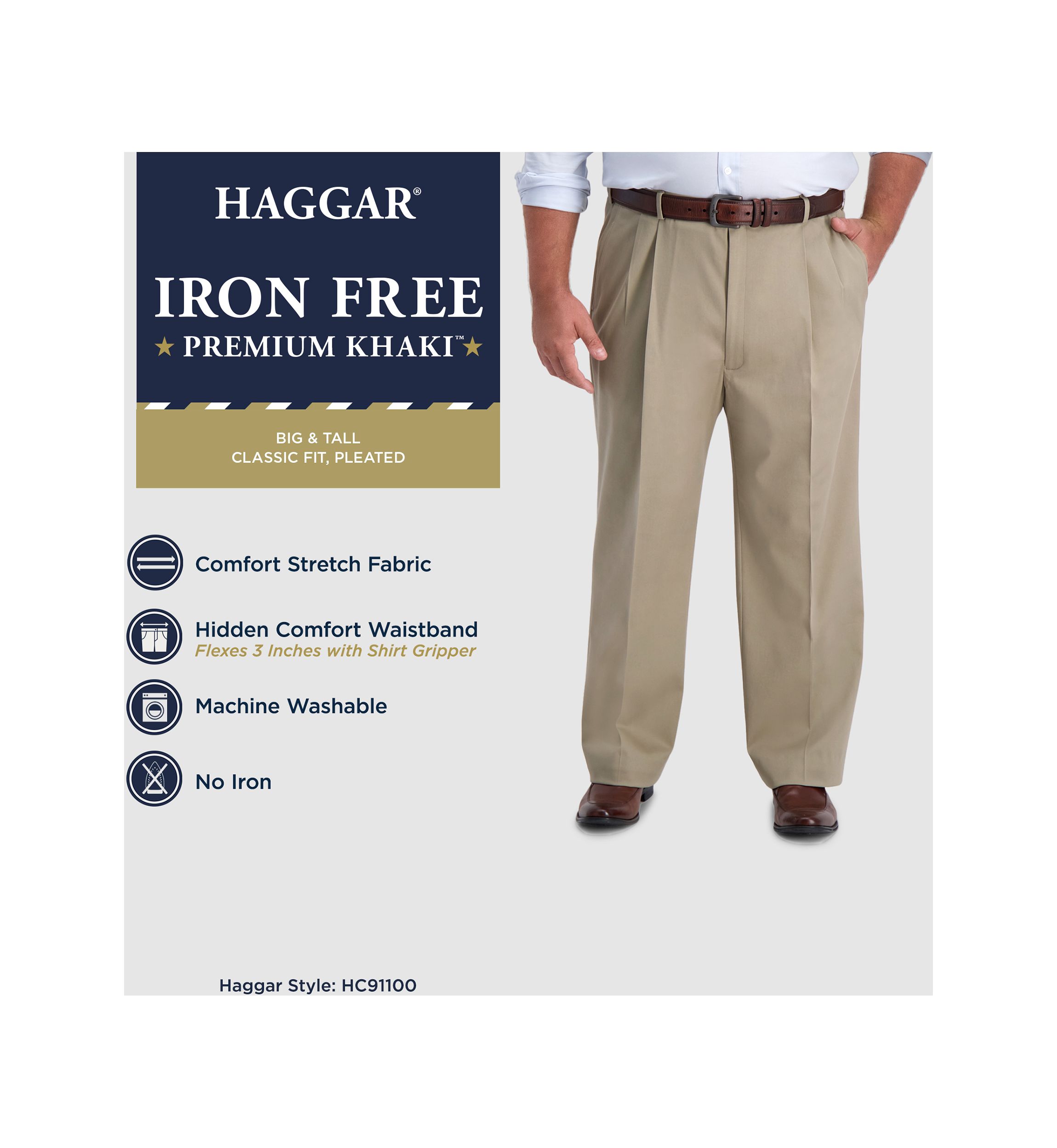 Big & Tall Iron Free Premium Khaki Classic-Fit Pleat Front Hidden Comfort Waistband Casual Pants
