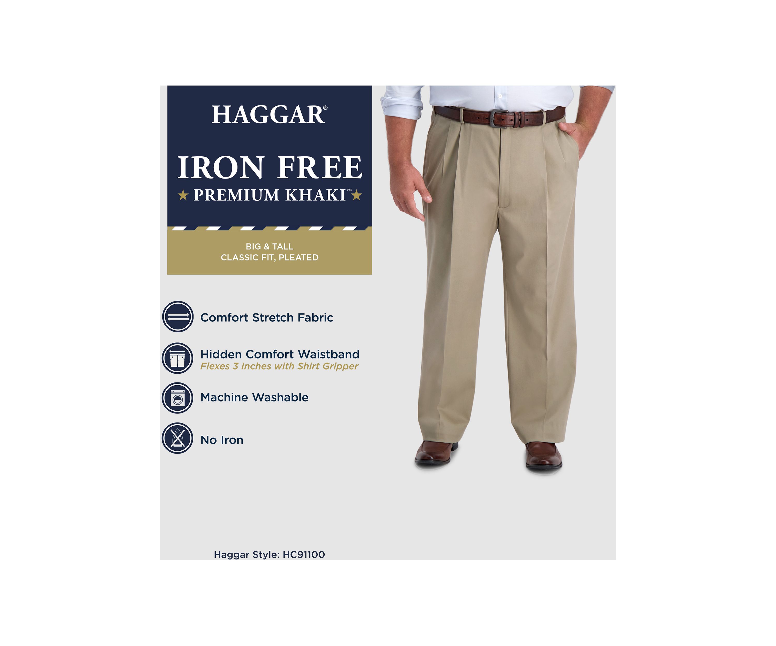 Big & Tall Iron Free Premium Khaki Classic-Fit Pleat Front Hidden Comfort Waistband Casual Pants