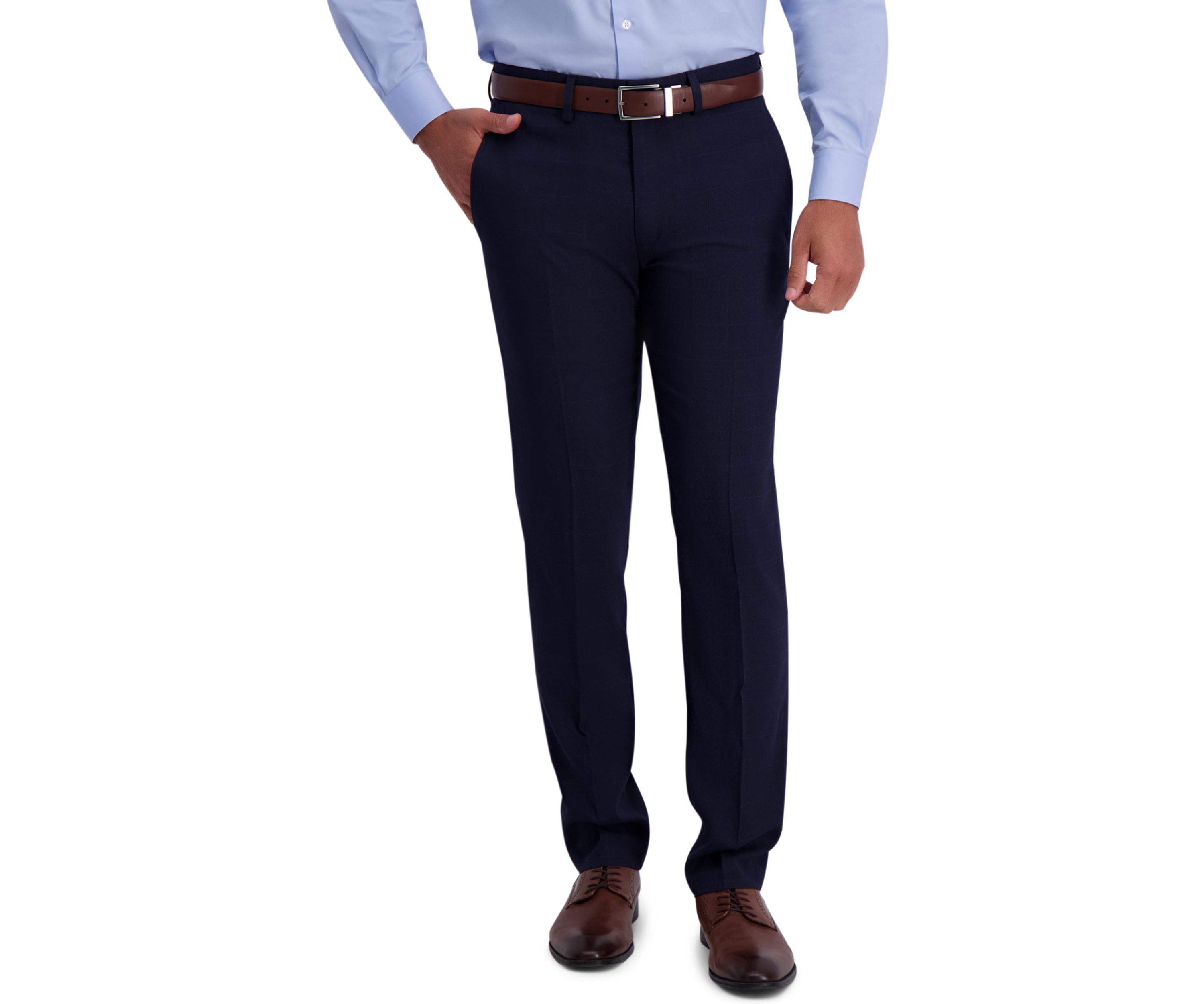 Mens Stretch Windowpane Slim Fit Flat Front Premium Flex Waistband Suit Separate Pants