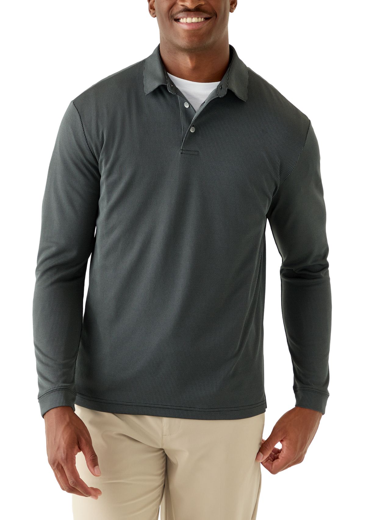 Mens Long Sleeve Houndstooth Polo Shirt