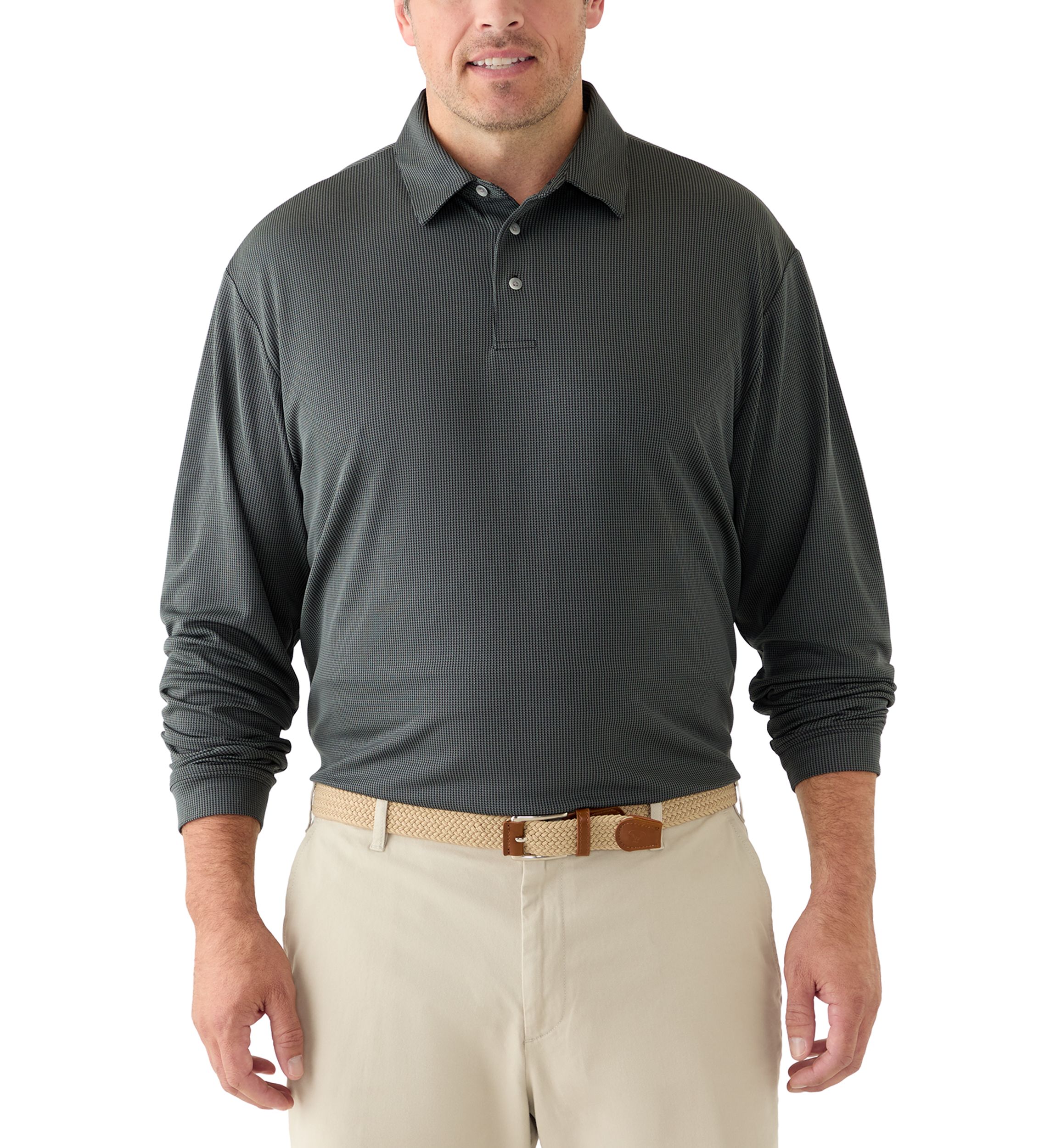 Big & Tall Long Sleeve Houndstooth Polo Shirt 
