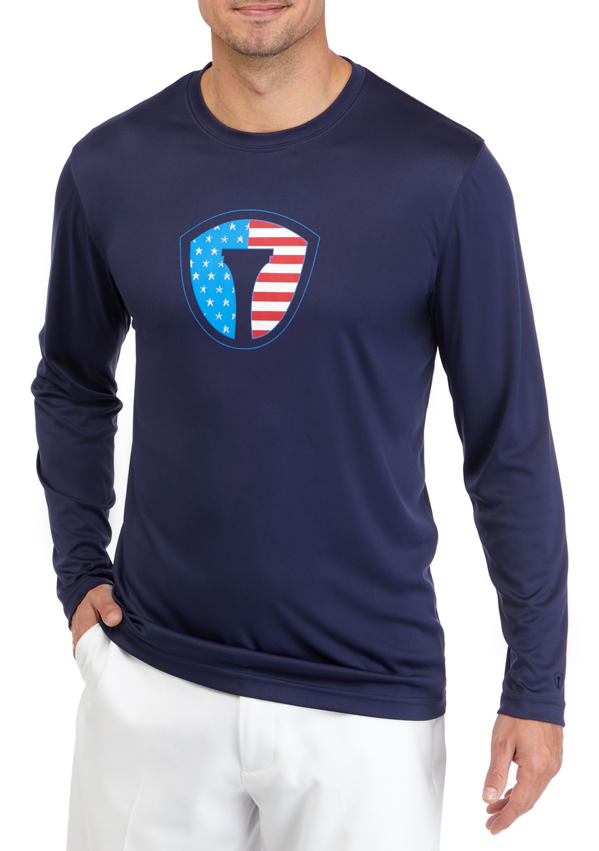 Mens Long Sleeve Americana Logo Print Sun Protection Crew T-Shirt