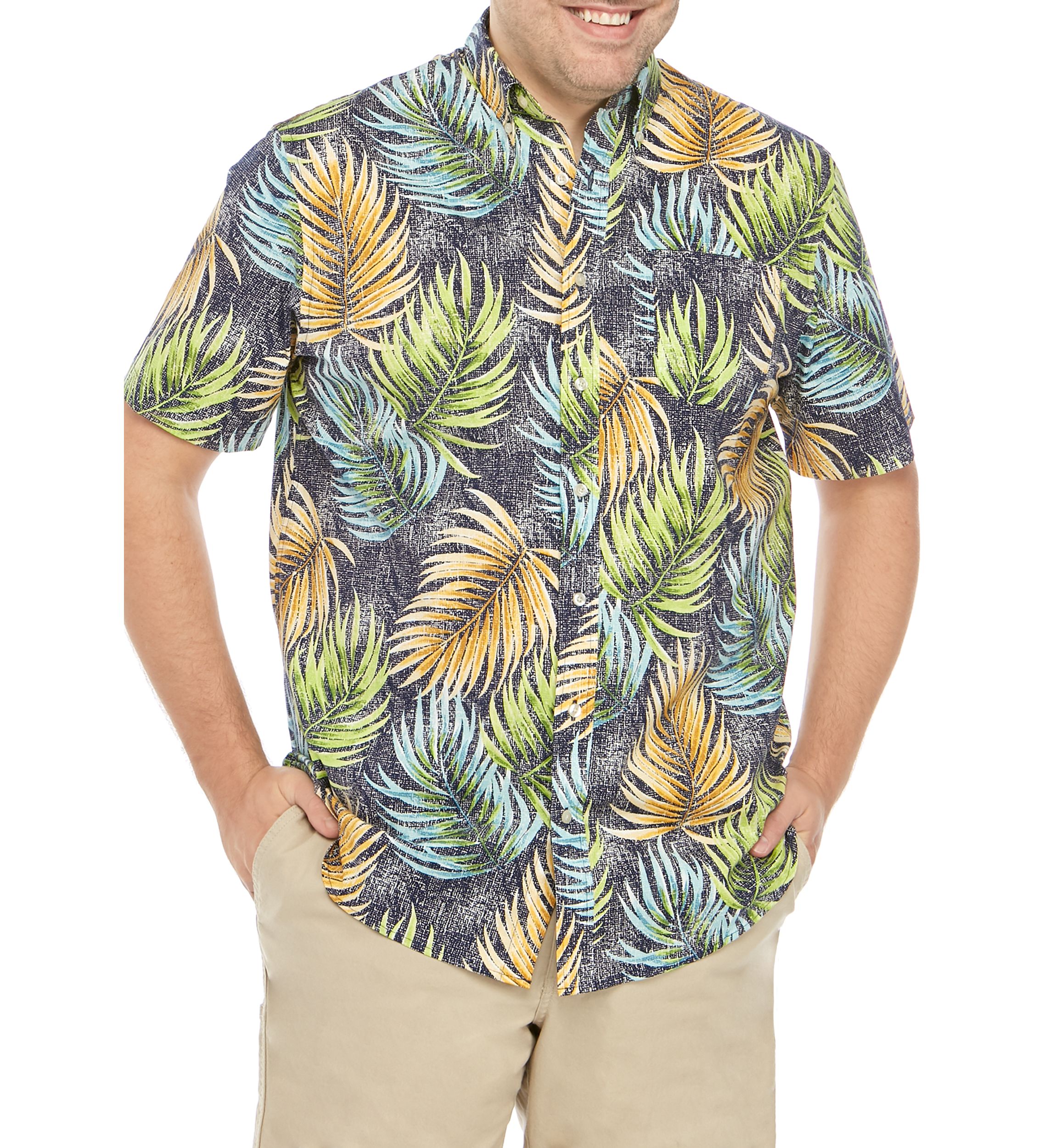 Big & Tall Short Sleeve Palm Print Printed Poplin Shirt