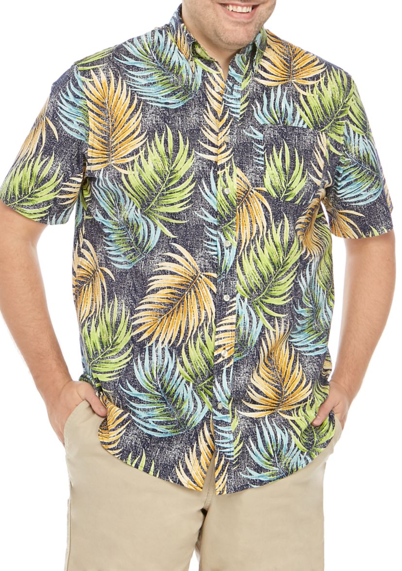 Big & Tall Short Sleeve Palm Print Printed Poplin Shirt