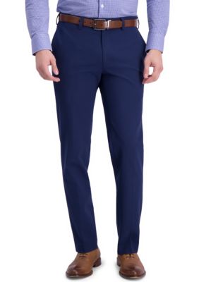 Mens Solid Navy Slim Fit Flat Front 4 Way Stretch Dress Pants