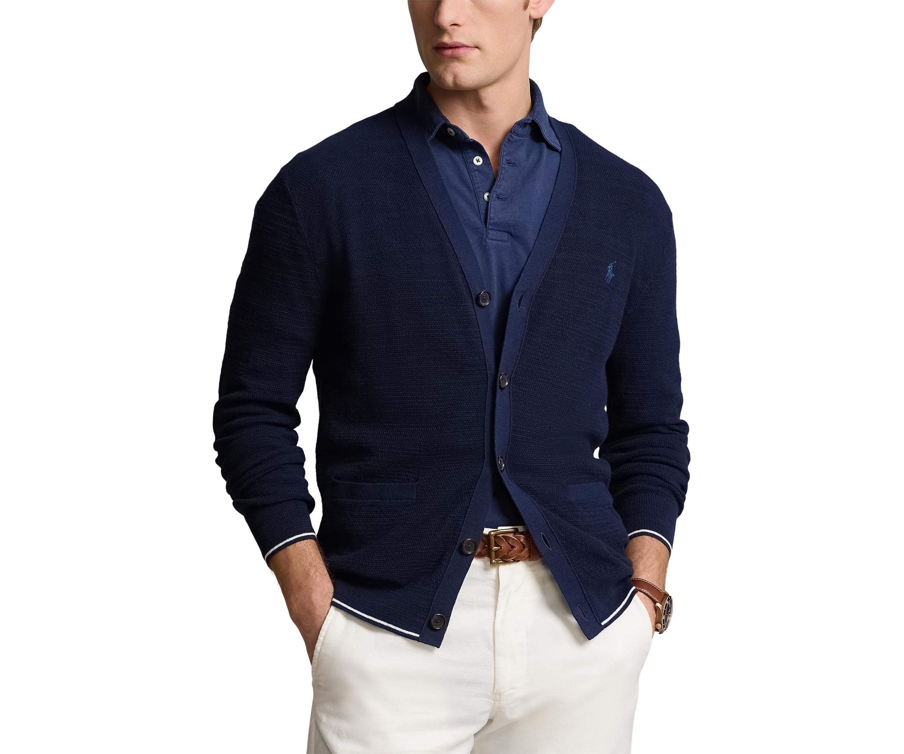 Textured Cotton Linen V-Neck Cardigan