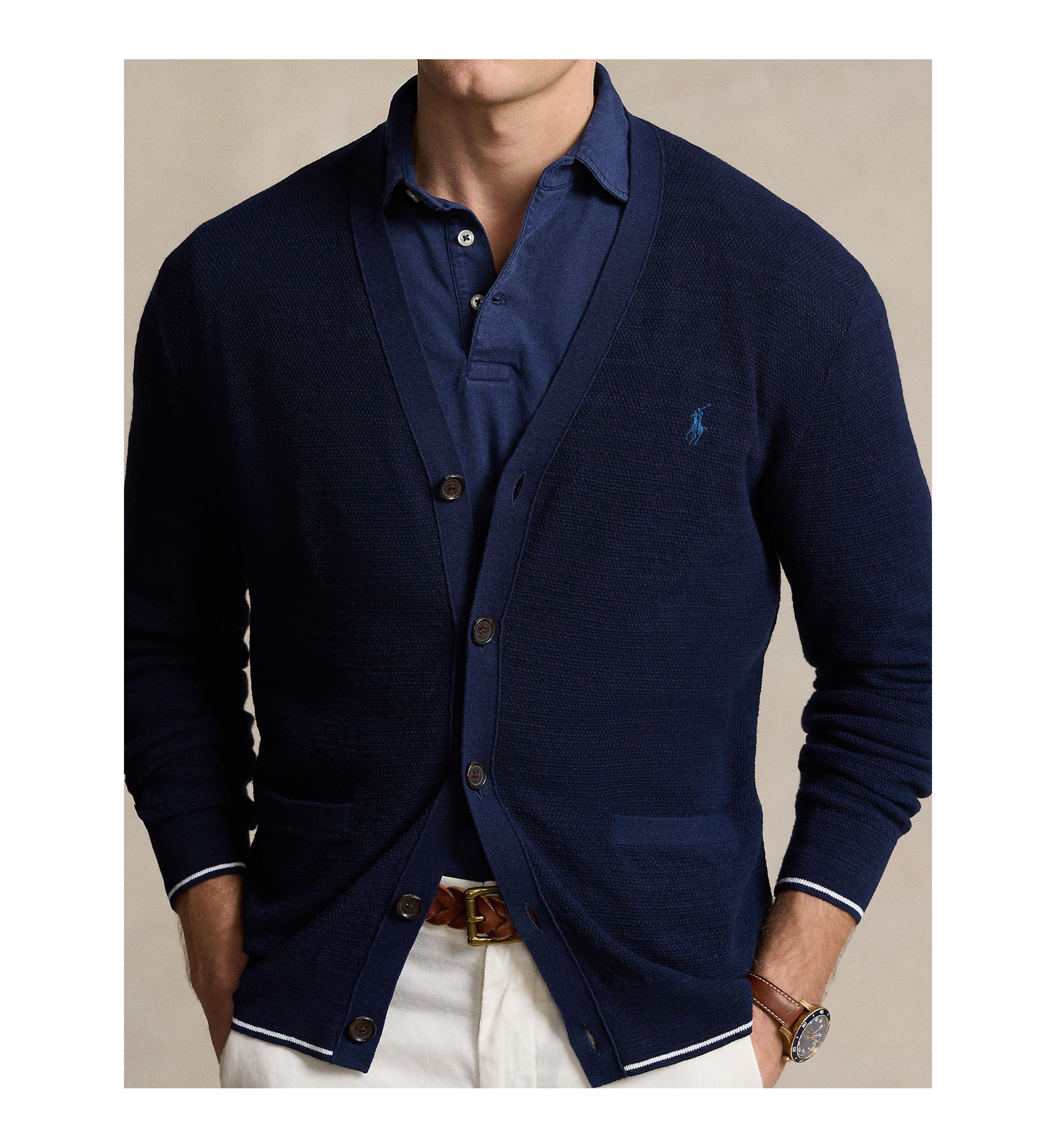 Textured Cotton Linen V-Neck Cardigan