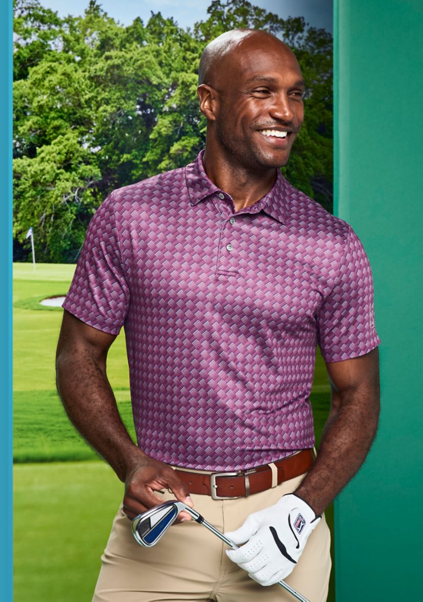 Mens All-Over Motion Geo Print Short Sleeve Golf Polo Shirt