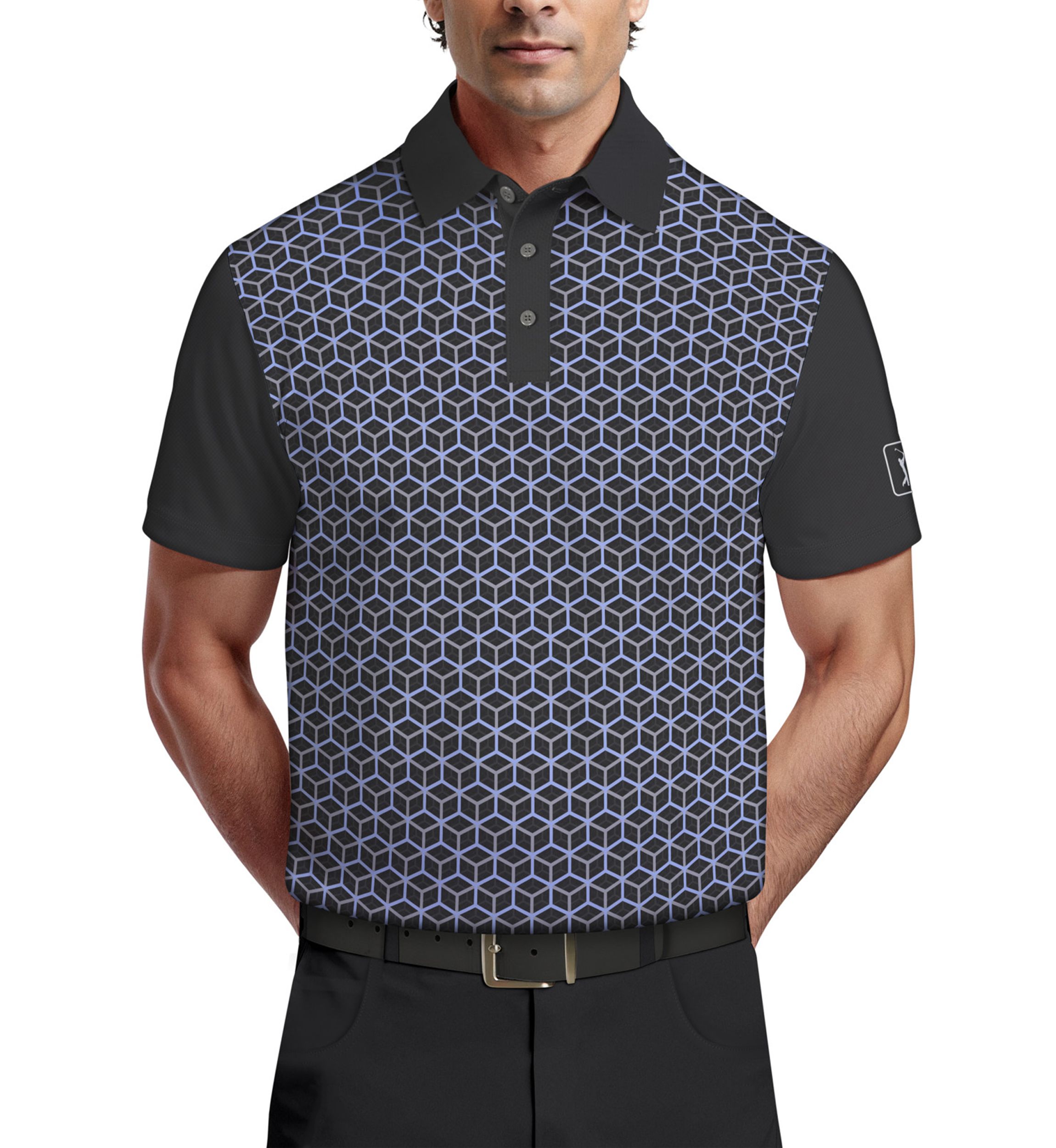 Technical Linear Color Block Print Short Sleeve Golf Polo