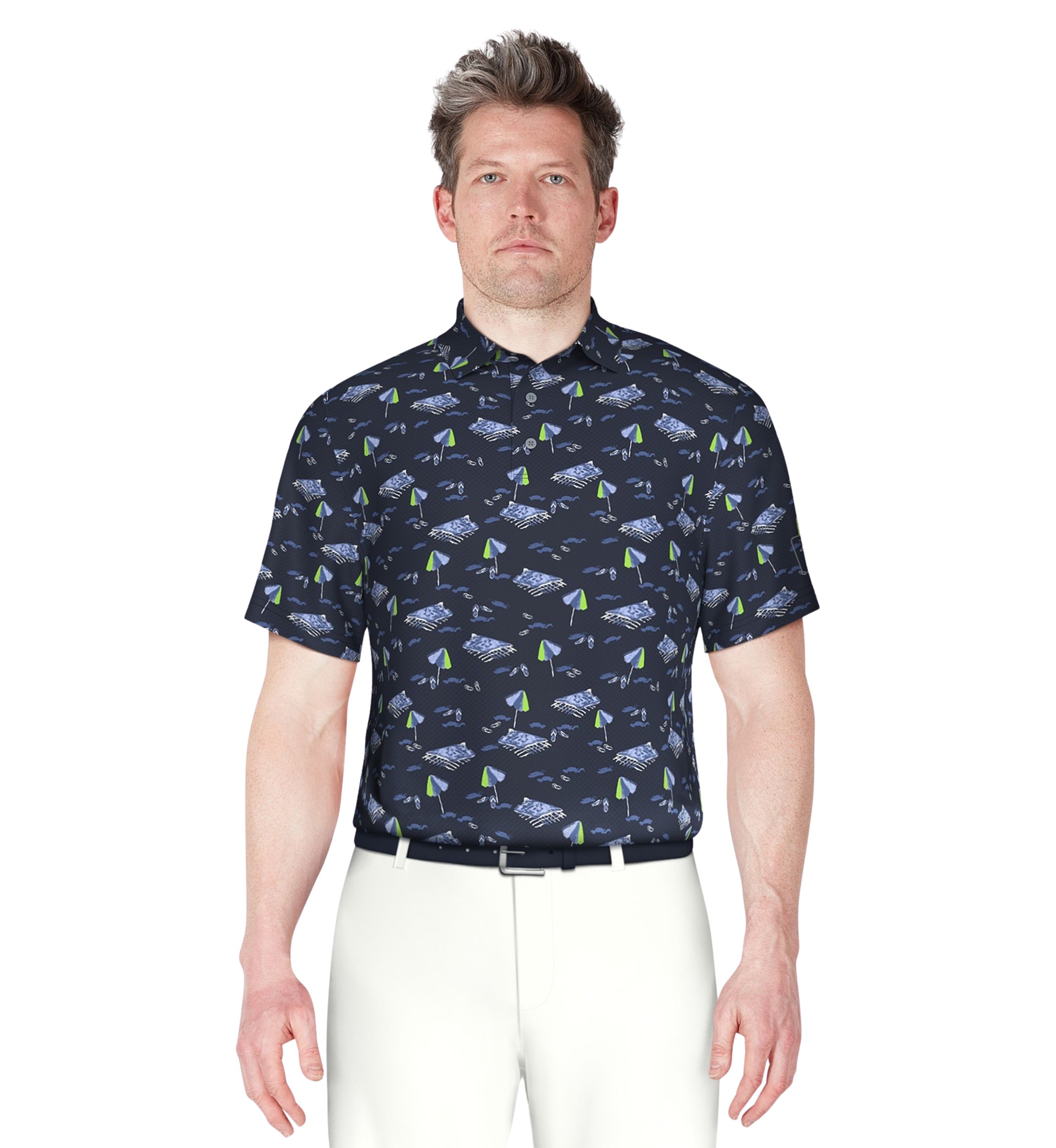 Mens Short Sleeve Stretch Performance Beach Print Polo Shirt