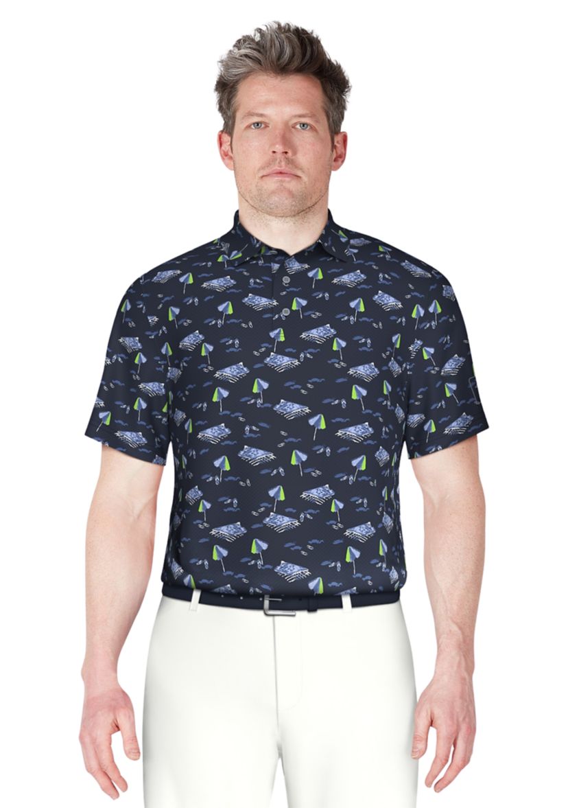 Mens Short Sleeve Stretch Performance Beach Print Polo Shirt