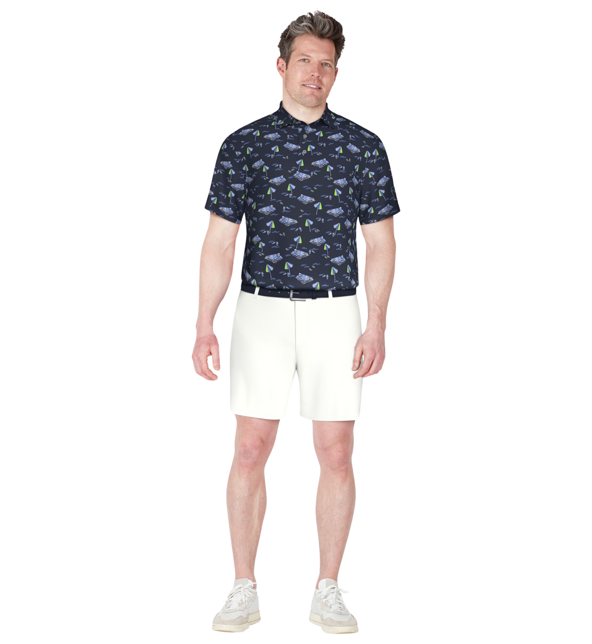Mens Short Sleeve Stretch Performance Beach Print Polo Shirt