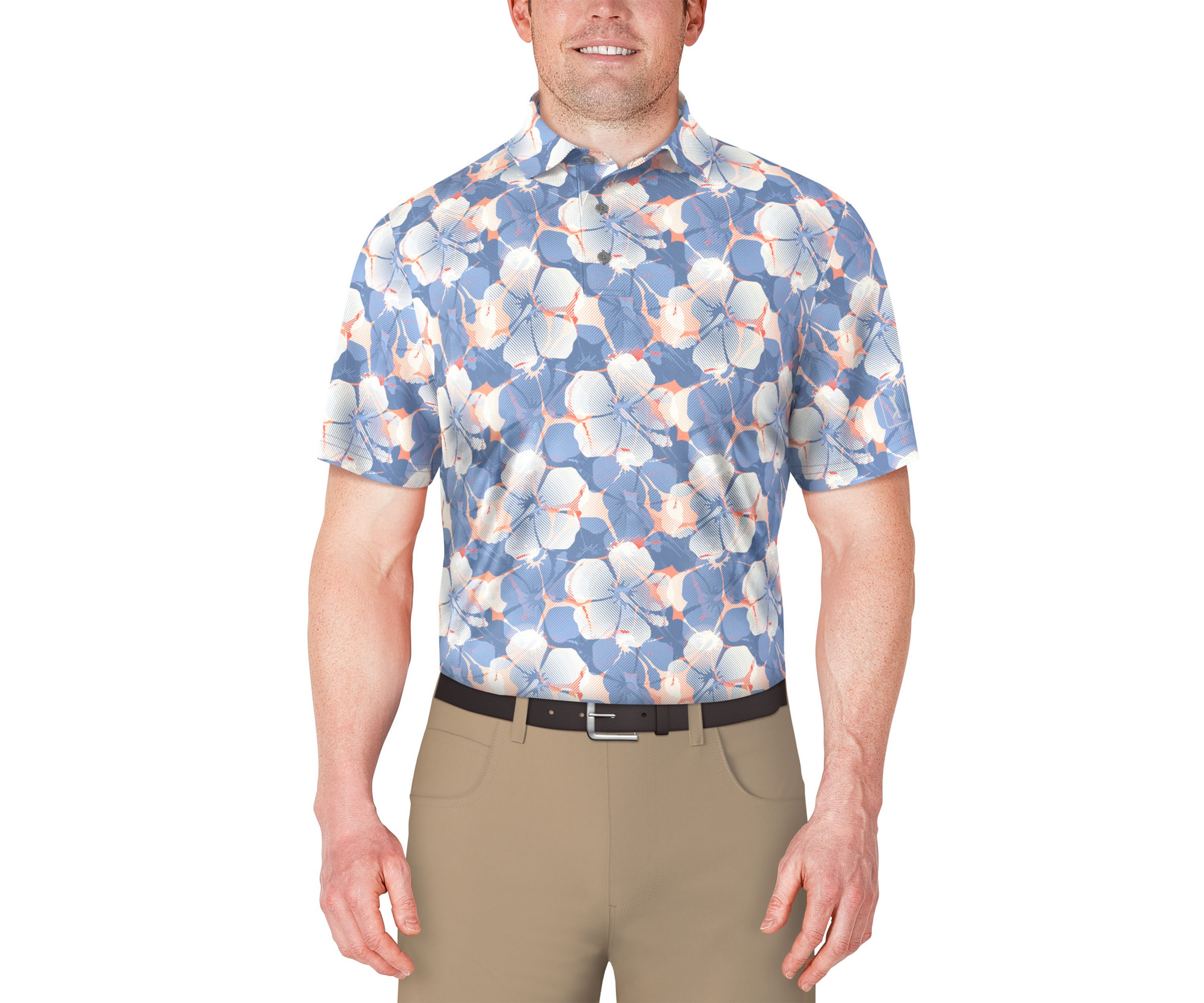 Mens Short Sleeve Hibiscus Print Golf Polo
