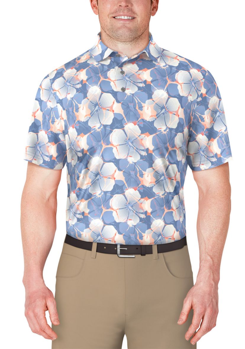Mens Short Sleeve Hibiscus Print Golf Polo