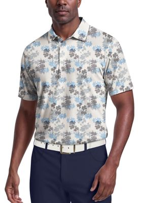PGA TOUR Men's Geometric Textured Floral Print Short Sleeve Golf Polo Shirt, White, XL