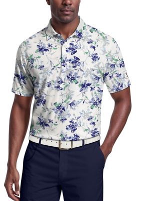 PGA TOUR Men's All Over Tie Dye Floral Print Short Sleeve Golf Polo Shirt, Blue, 2XL