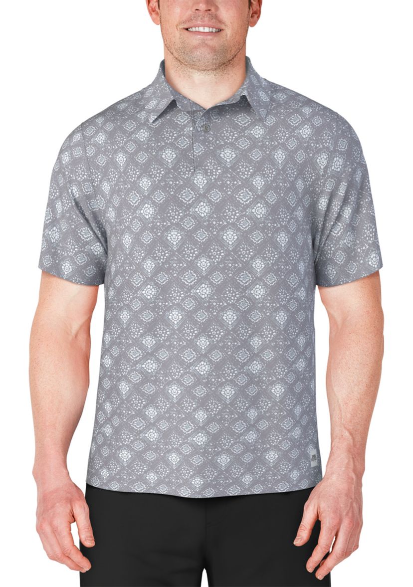 Mens Textured Medallion Print Short Sleeve Golf Polo Shirt