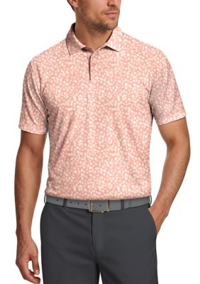 PGA TOUR Men's All Over Abstract Floral Short Sleeve Golf Polo Shirt, Pink, Large