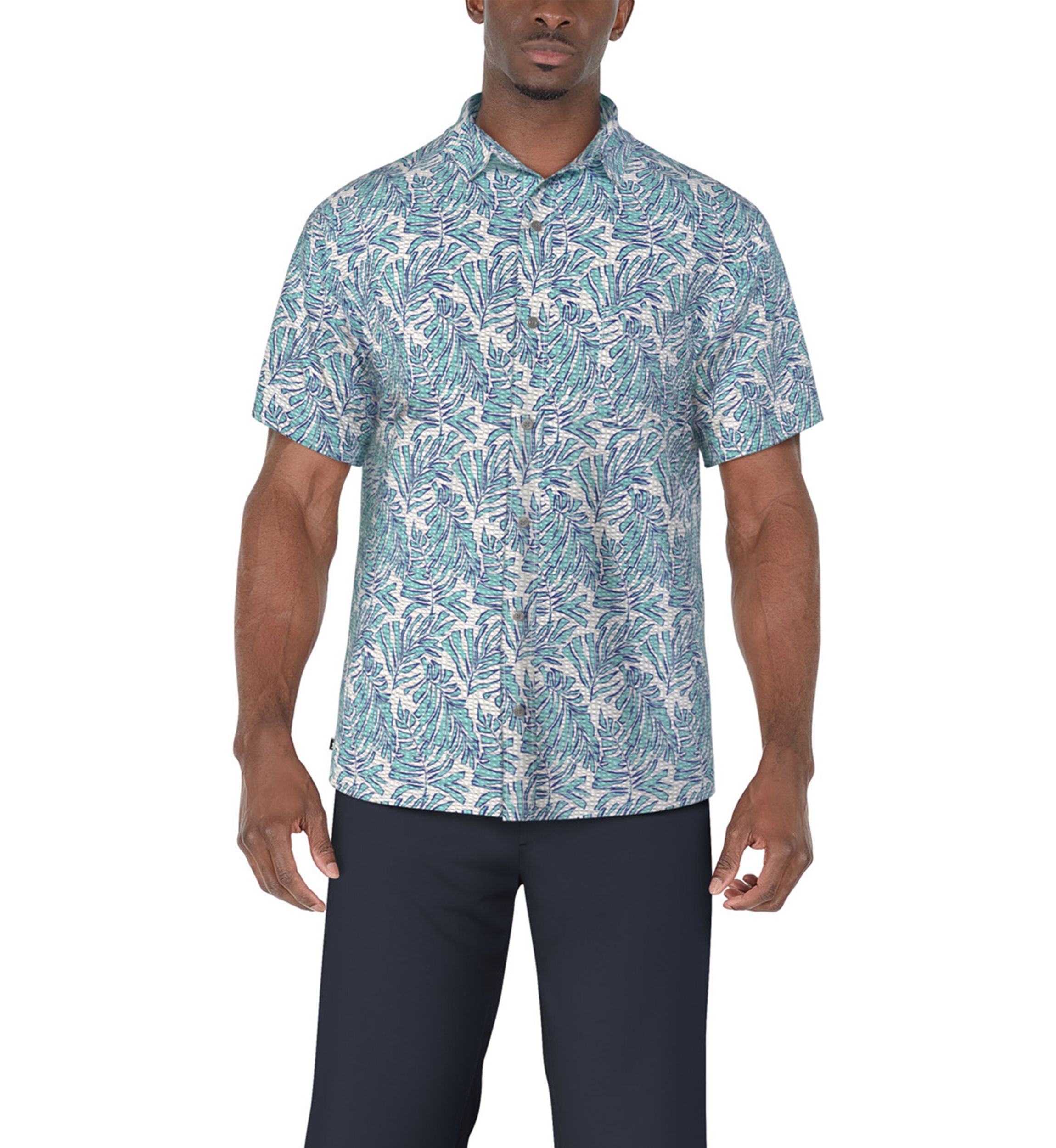 Mens Seersucker Palm Print Short Sleeve Button-Down Golf Shirt