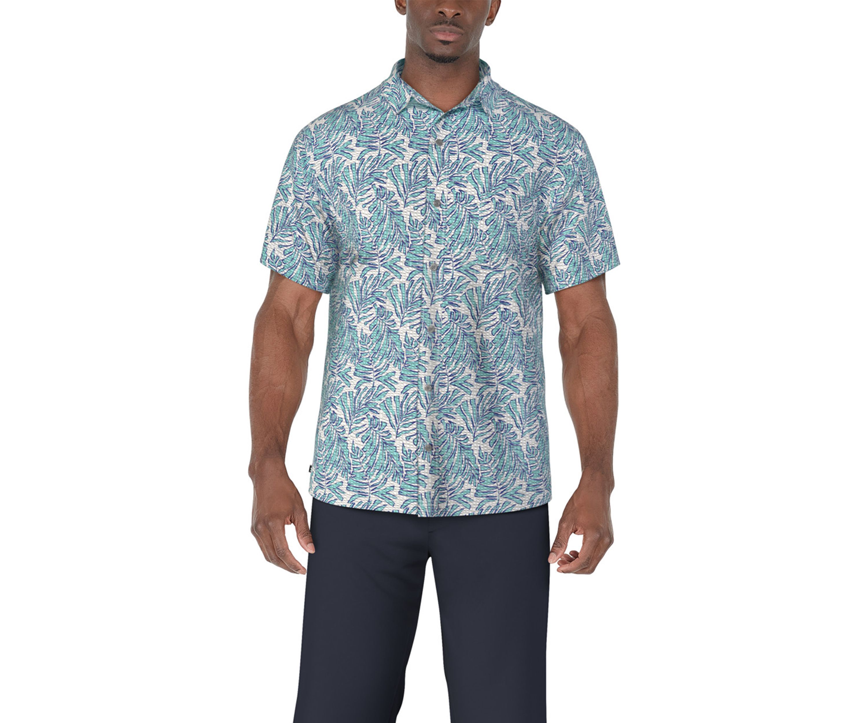 Mens Seersucker Palm Print Short Sleeve Button-Down Golf Shirt