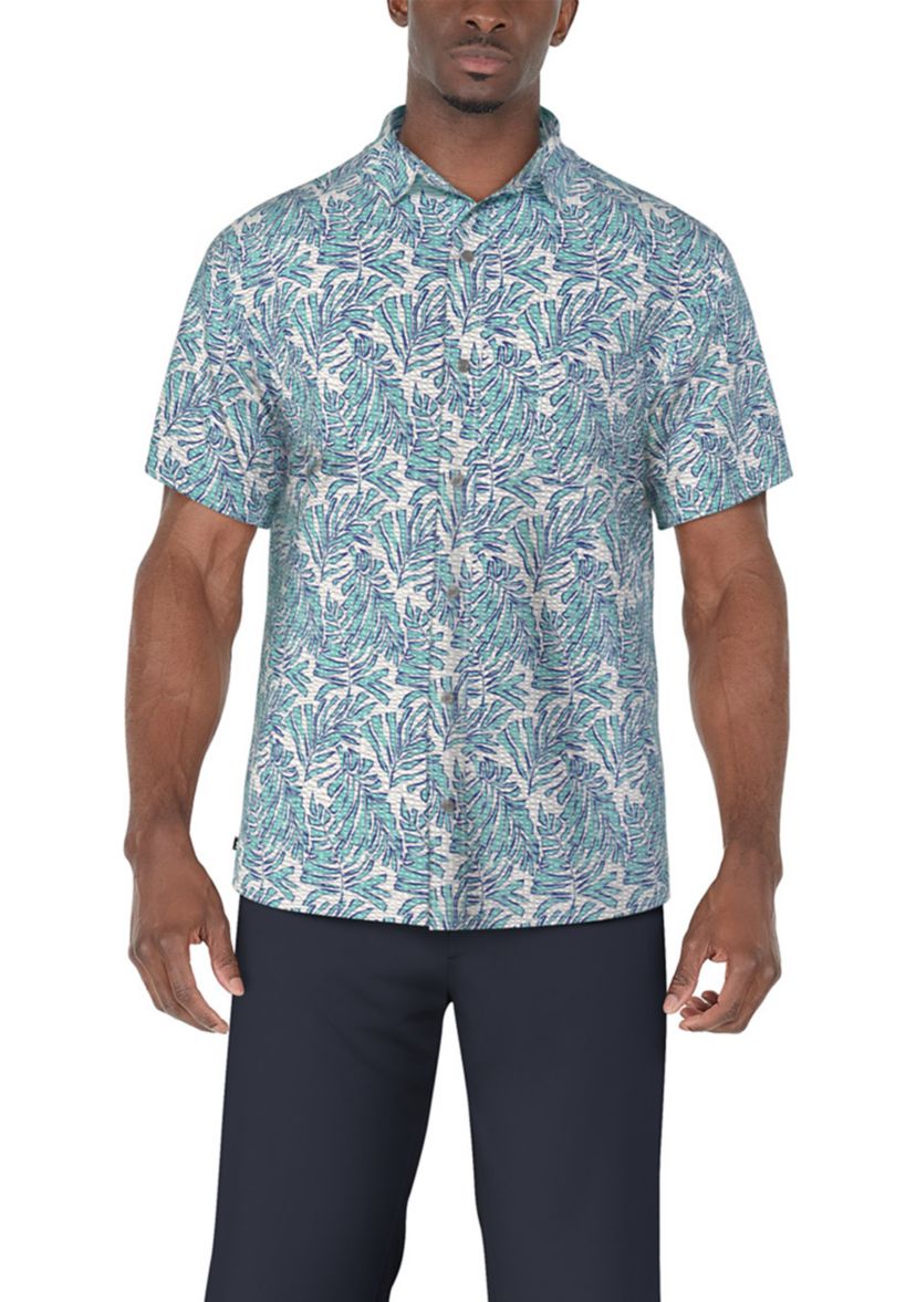 Mens Seersucker Palm Print Short Sleeve Button-Down Golf Shirt