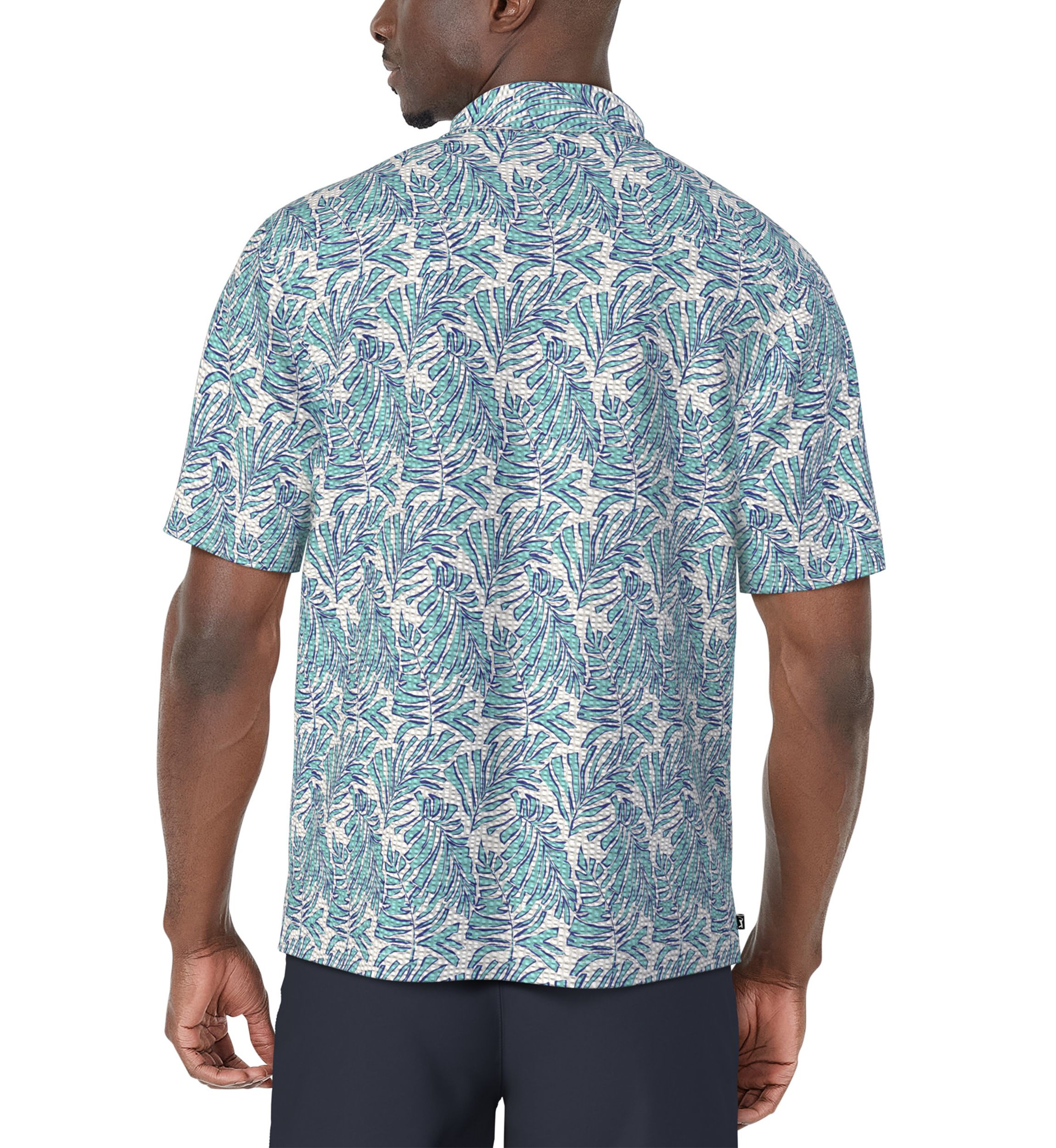 Mens Seersucker Palm Print Short Sleeve Button-Down Golf Shirt