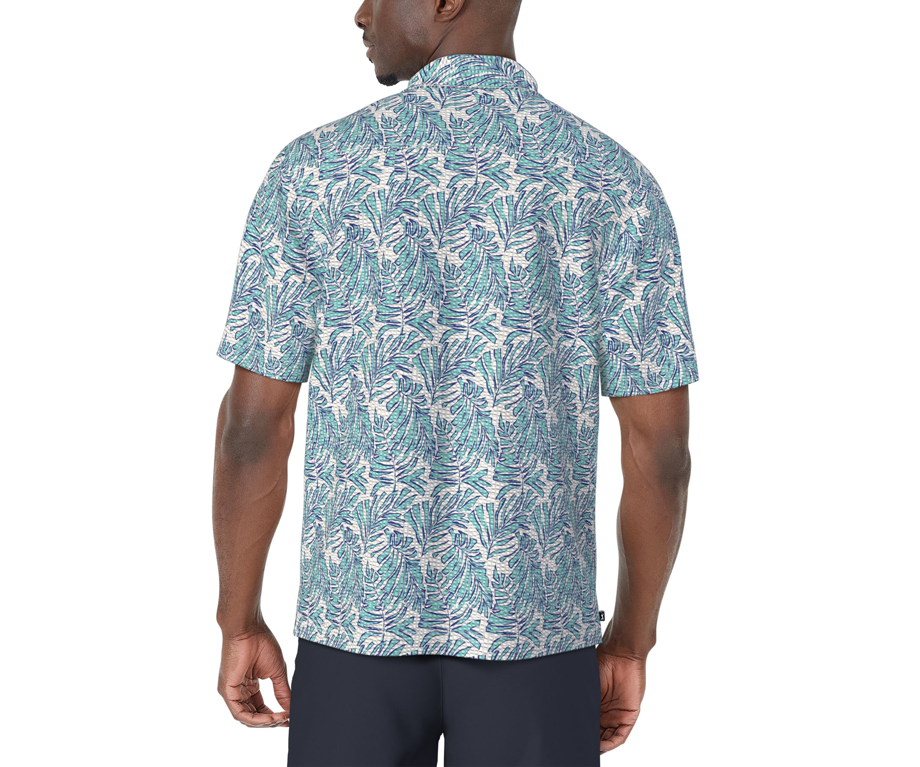 Mens Seersucker Palm Print Short Sleeve Button-Down Golf Shirt