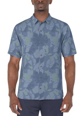 PGA TOUR Men's Woven Tropical Print Short Sleeve Button Down Golf Shirt, Blue, Medium