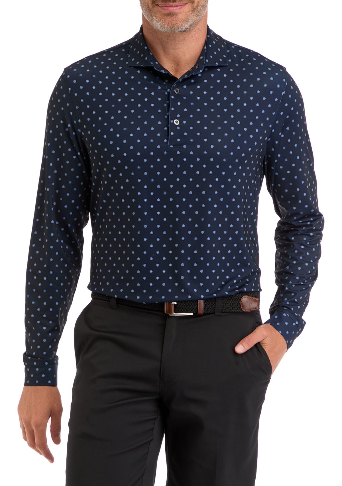 Mens Long Sleeve Diamond Dot Print Polo Shirt 