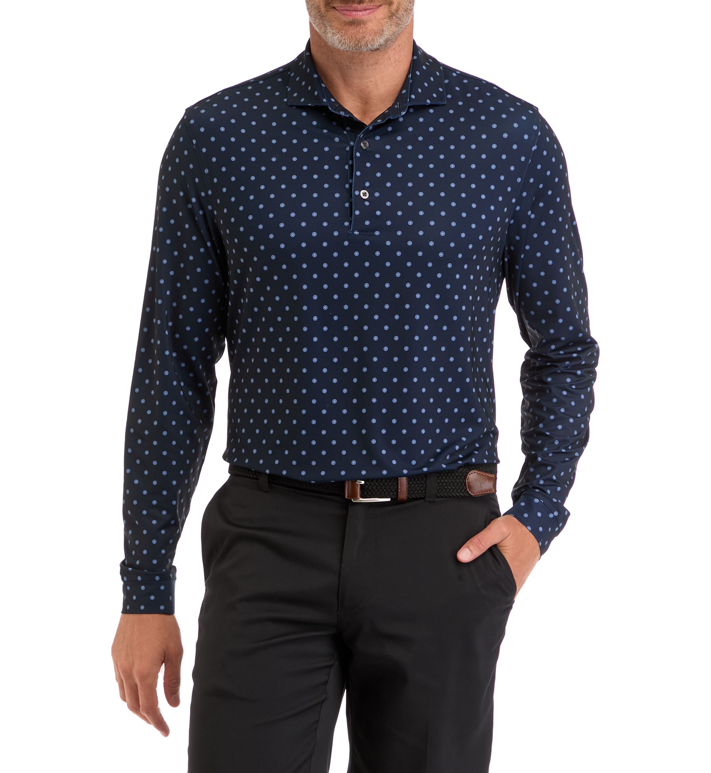 Mens Long Sleeve Diamond Dot Print Polo Shirt 