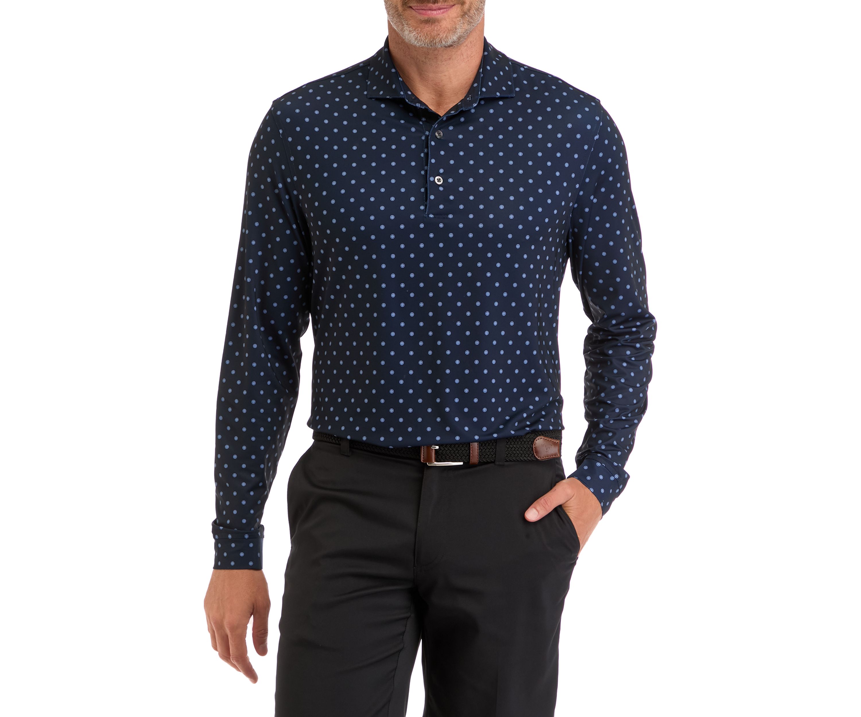 Mens Long Sleeve Diamond Dot Print Polo Shirt 