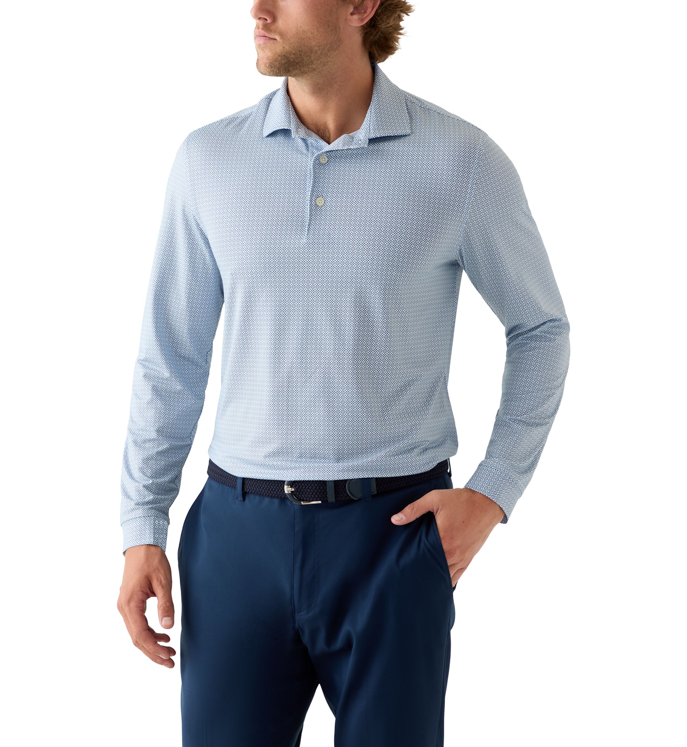 Long Sleeve Geo Print Polo Shirt 