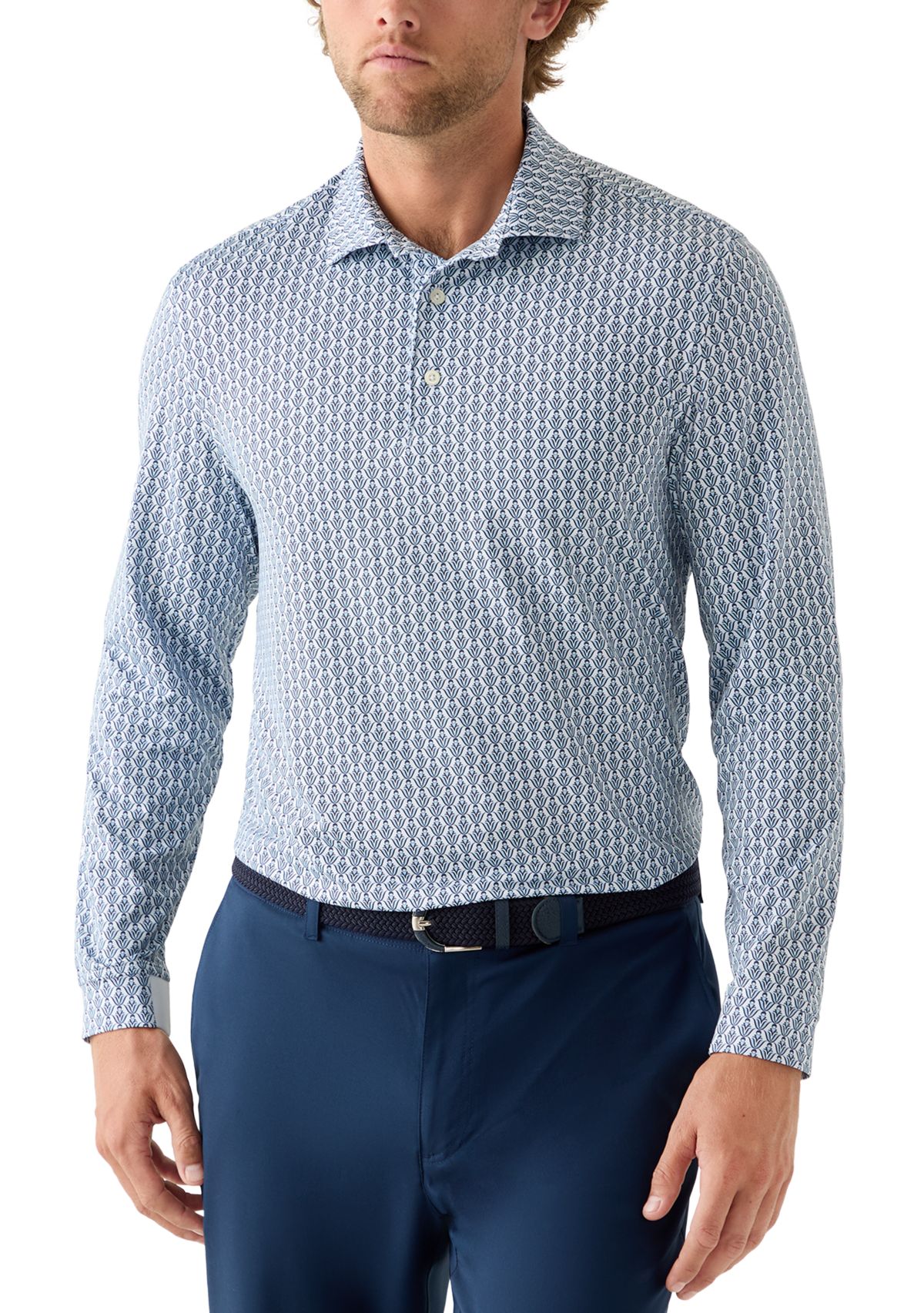 Long Sleeve Geo Print Polo Shirt 